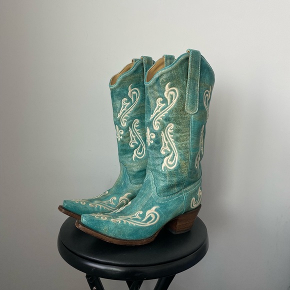 Corral Turquoise + cream embroidered western boots - Picture 2 of 7